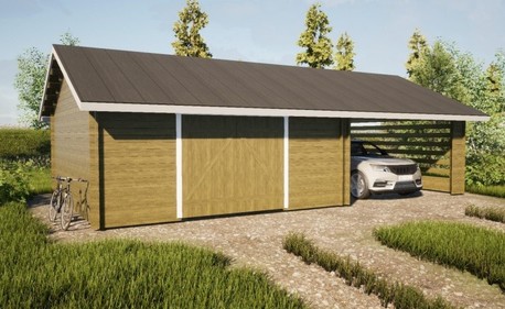 Autotalli AT30KL Hirsitalli pariovella + katos, 30m² LP-GARDEN